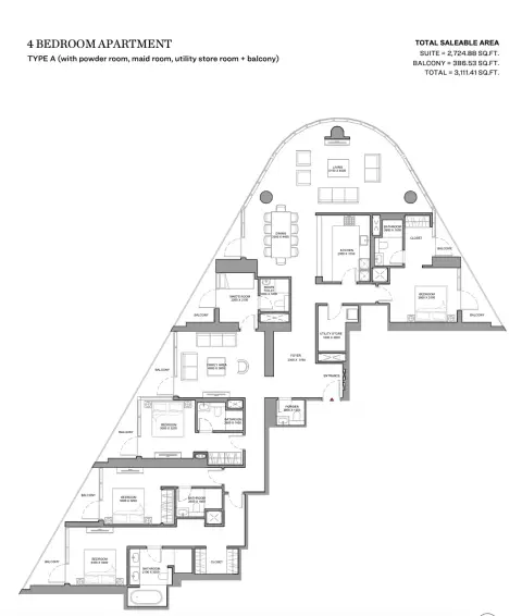 Skyvue Stellar: Floor plan Type A (with Maid Room), 3,111 sq ft