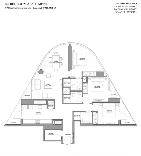 Skyvue Stellar: Floor plan Type A Variant 01, 1,548 sq ft