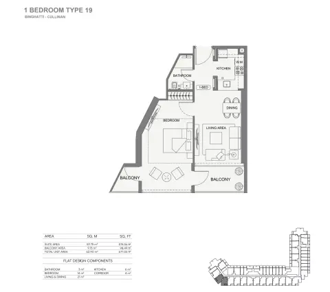 Binghatti Cullinan: Floor plan Type 19, 677 sq ft