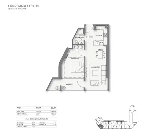 Binghatti Cullinan: Floor plan Type 14, 678 sq ft