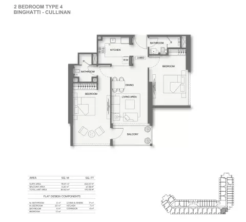 Binghatti Cullinan: Floor plan Type 4, 910 sq ft