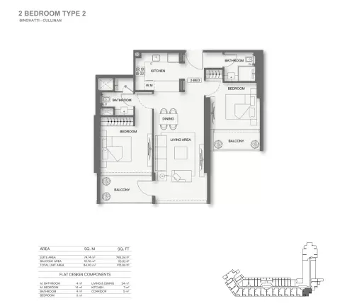 Binghatti Cullinan: Floor plan Type 2, 913 sq ft