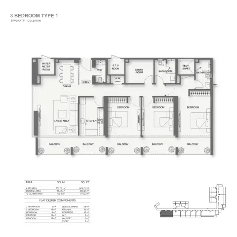 Binghatti Cullinan: Floor plan Type 1, 1,777 sq ft