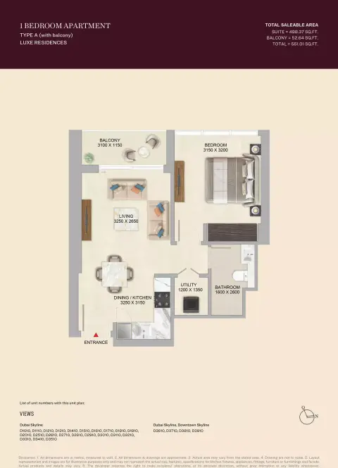 سكاي فيو ألتييه: مخطط الطابق Type A, 551 sq ft