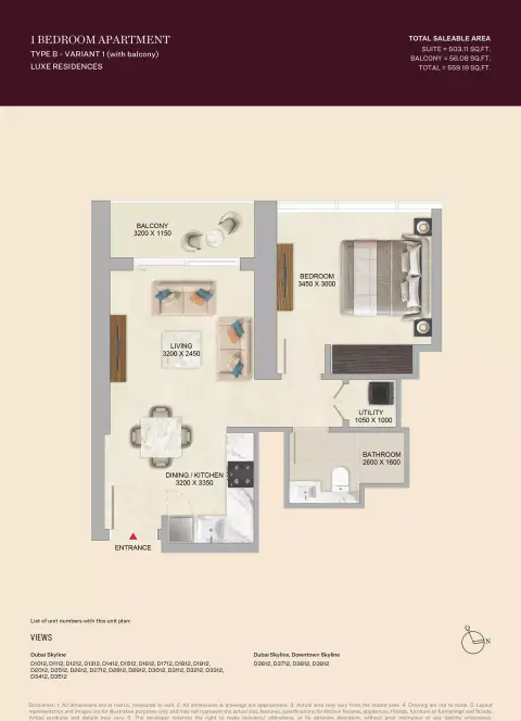 سكاي فيو ألتييه: مخطط الطابق Type B Veriant, 559 sq ft