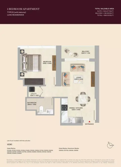 سكاي فيو ألتييه: مخطط الطابق Type B, 560 sq ft