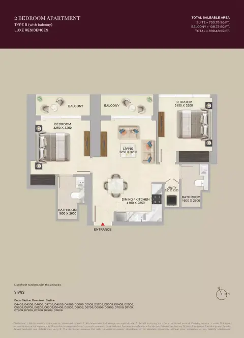 سكاي فيو ألتييه: مخطط الطابق Type B, 839 sq ft