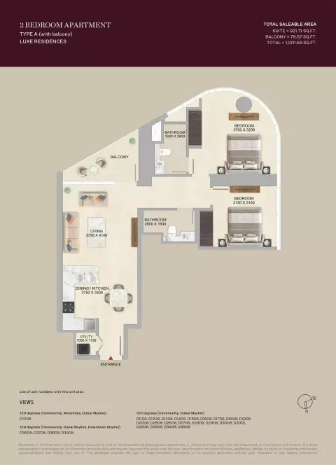 سكاي فيو ألتييه: مخطط الطابق Type A, 1,001 sq ft