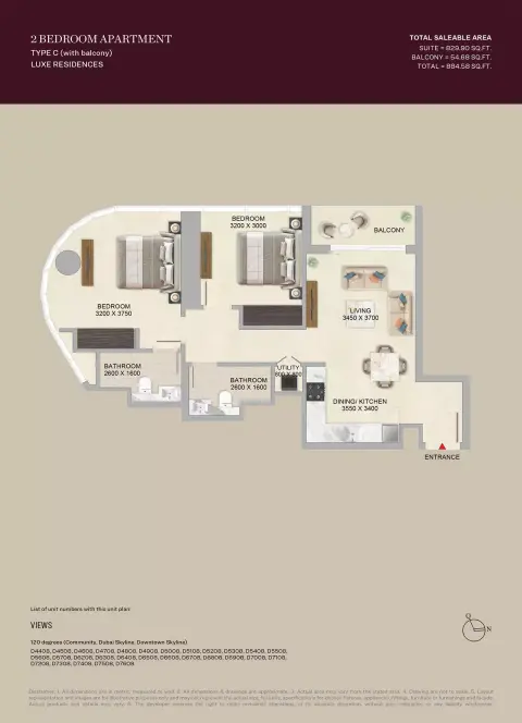 سكاي فيو ألتييه: مخطط الطابق Type C, 884 sq ft