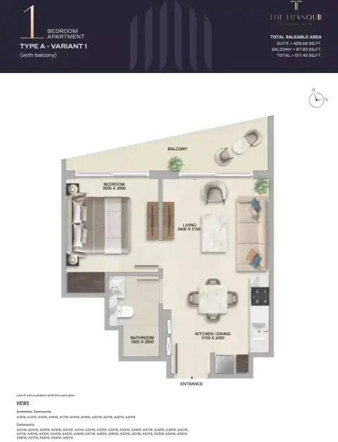The Tranquil: Floor plan Type A-Variant, 517 sq ft