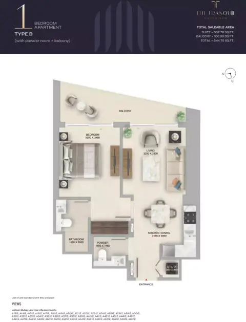 The Tranquil: Floor plan Type B, 644 sq ft