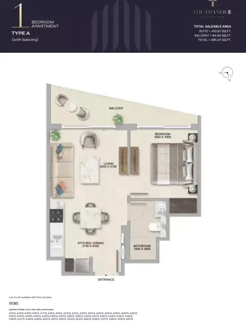 The Tranquil: Floor plan Type A, 494 sq ft