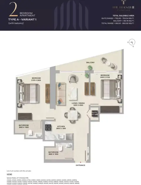 The Tranquil: Floor plan Type A-Variant, 852 sq ft