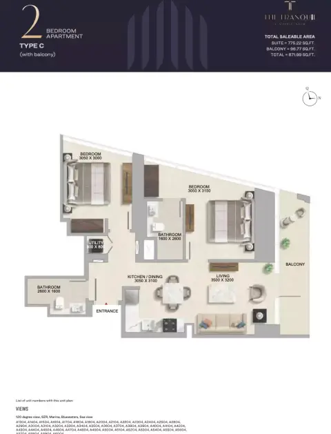 The Tranquil: Floor plan Type C, 871 sq ft