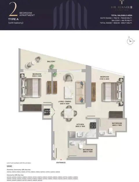 The Tranquil: Floor plan Type A, 859 sq ft