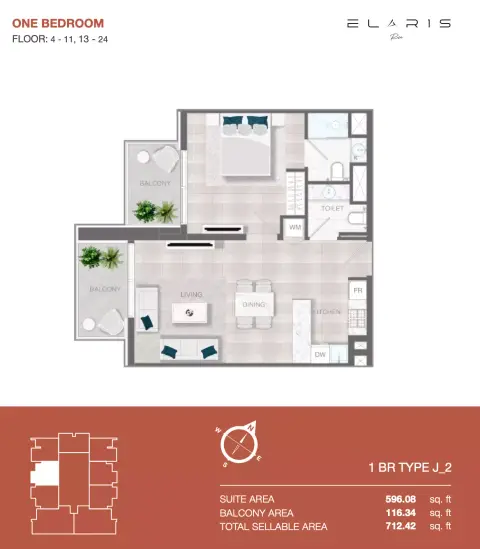 Elaris Rise: Floor plan Type 1-№ 708, 712 sq ft