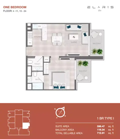Elaris Rise: Floor plan Type 1- № 604, 713 sq ft