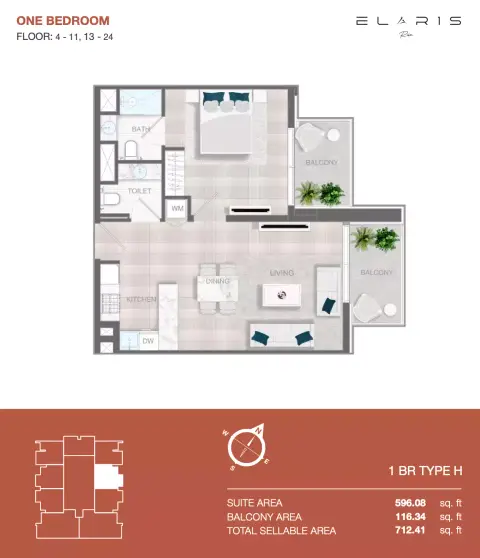 Elaris Rise: Floor plan Type 1-№ 2302, 712 sq ft