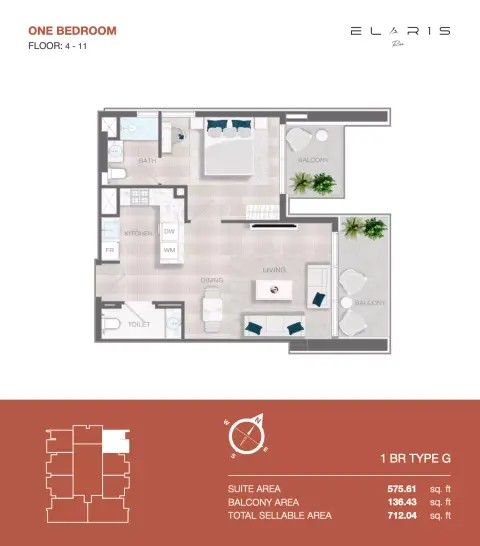 Elaris Rise: Floor plan Type 1, 712 sq ft