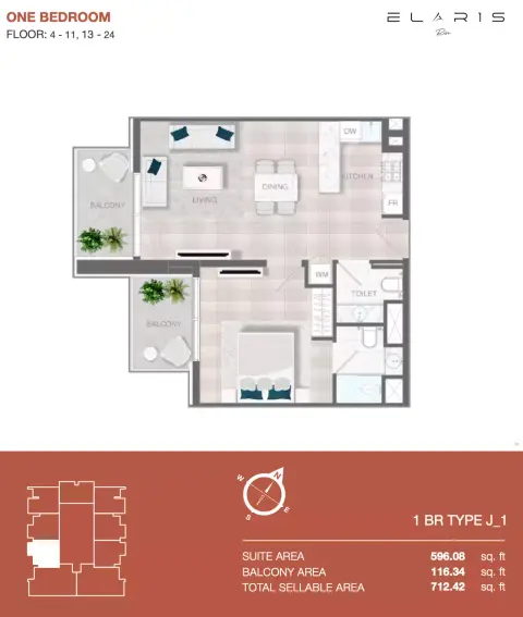 Elaris Rise: Floor plan Type 1-№ 707, 712 sq ft