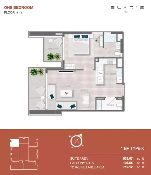 Elaris Rise: Floor plan Type 1-№ 709, 712 sq ft