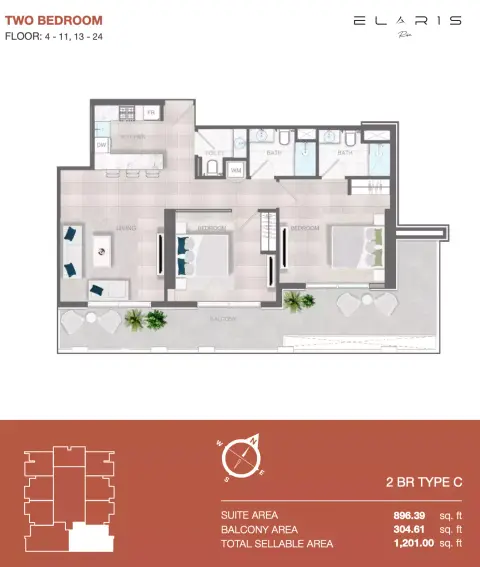 Elaris Rise: Floor plan Type 2-№ 405, 1,201 sq ft