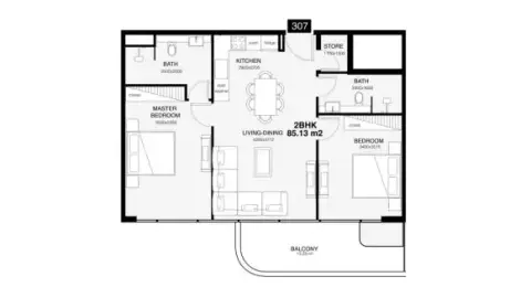 Villa del Gavi: Floor plan Type A, 1,054 sq ft