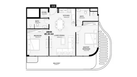 Villa del Gavi: Floor plan Type C, 1,076 sq ft
