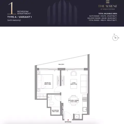 The Serene: Floor plan Type A(Variant 1), 495 sq ft