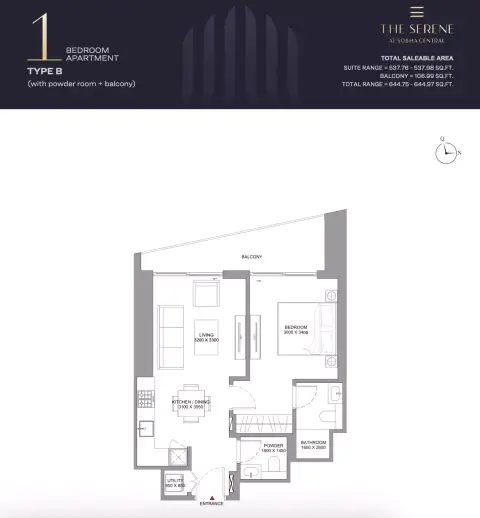 The Serene: Floor plan Type B, 644 sq ft