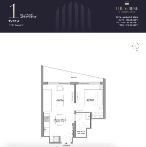 The Serene: Floor plan Type A, 518 sq ft