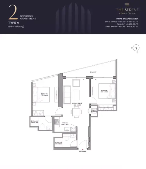 The Serene: Floor plan Type A, 852 sq ft