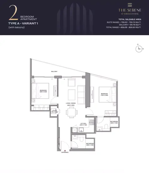 The Serene: Floor plan Type A(Variant 1), 859 sq ft