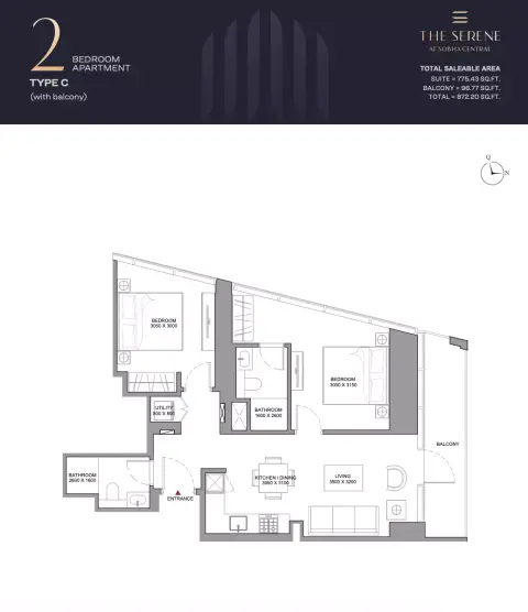 The Serene: Floor plan Type C, 872 sq ft