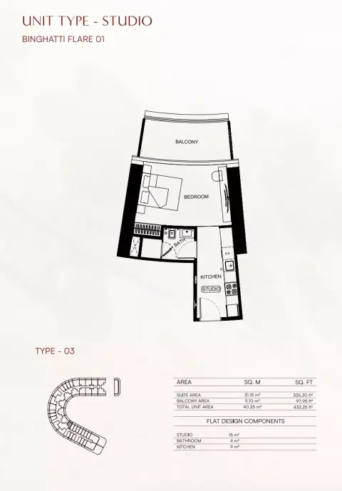 Binghatti Flare 01: Floor plan Flare01-Type 03, 433 sq ft