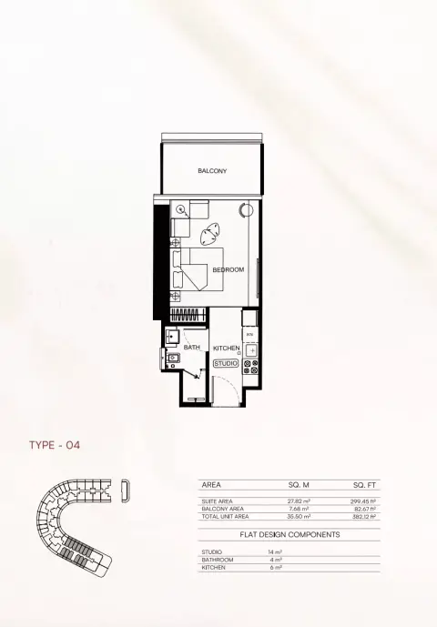 Binghatti Flare 01: Floor plan Flare01-Type 04, 382 sq ft