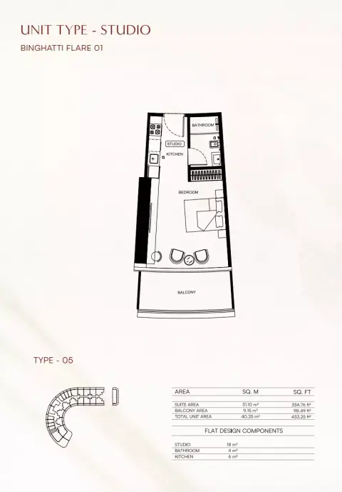 Binghatti Flare 01: Floor plan Flare01-Type 05, 433 sq ft