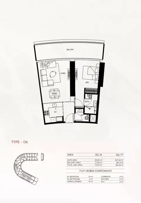 Binghatti Flare 01: Floor plan Flare01-Type 06, 782 sq ft