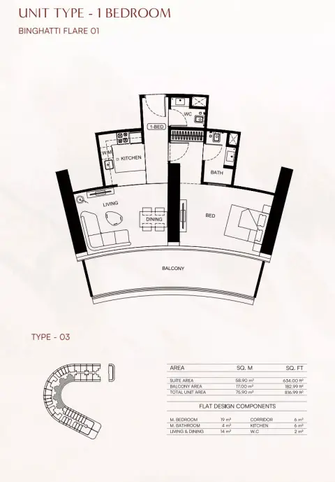 Binghatti Flare 01: Floor plan Flare01-Type 03, 816 sq ft