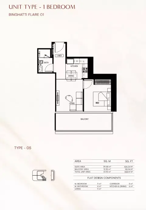 Binghatti Flare 01: Floor plan Flare01-Type 05, 558 sq ft