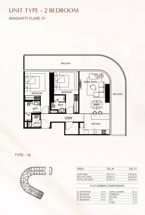 Binghatti Flare 01: Floor plan Flare01-Type 16, 1,479 sq ft