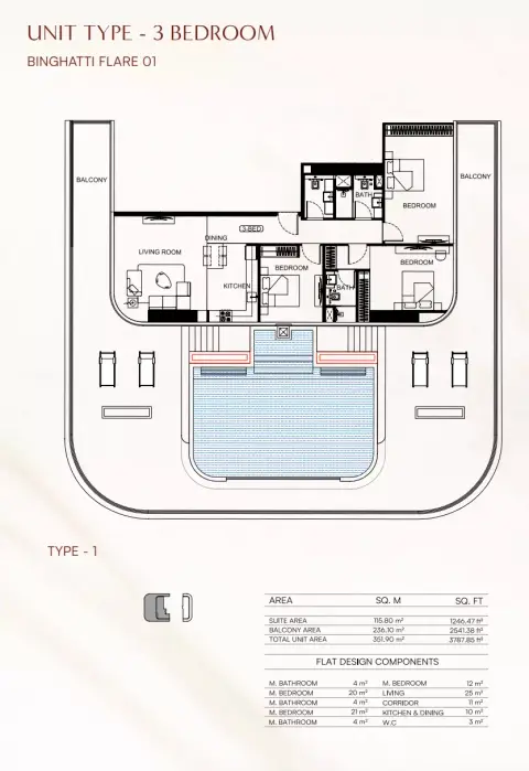 Binghatti Flare 01: Floor plan Flare01-Type 01, 3,787 sq ft