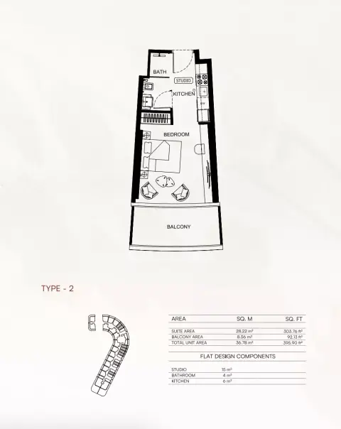Binghatti Flare 02: Floor plan Type 2, 395 sq ft