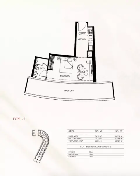 Binghatti Flare 02: Floor plan Type 1, 601 sq ft