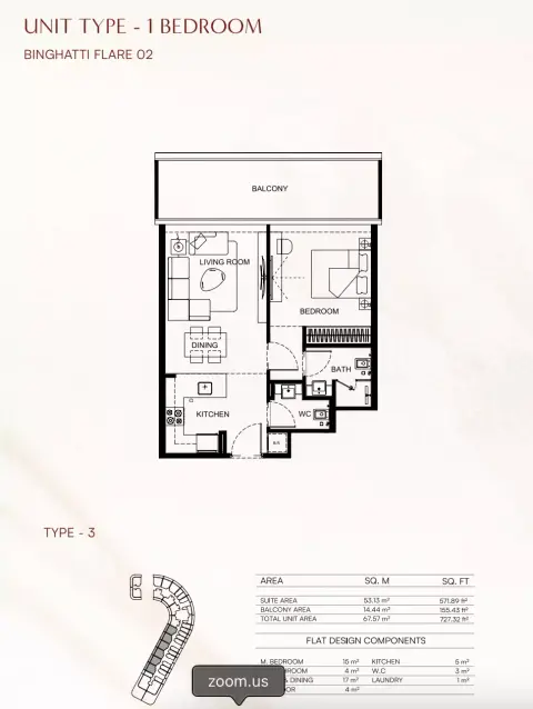 Binghatti Flare 02: Floor plan Type 3, 727 sq ft