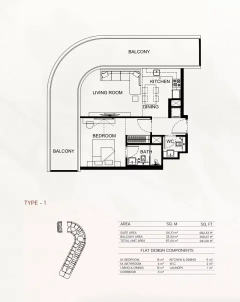 Binghatti Flare 02: Floor plan Type 1, 941 sq ft