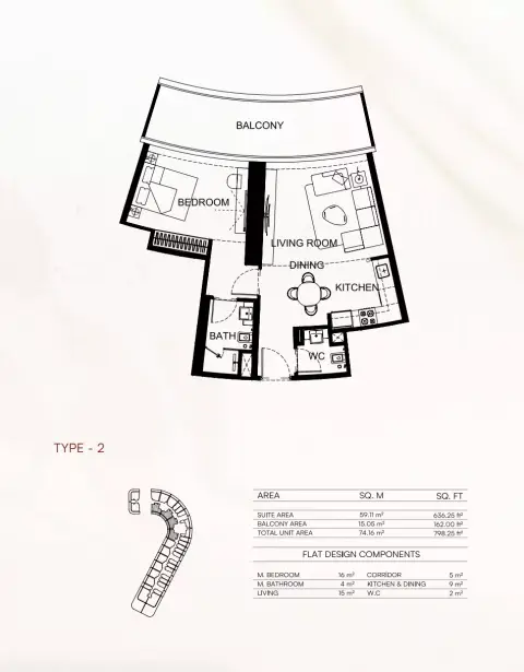Binghatti Flare 02: Floor plan Type 2, 798 sq ft