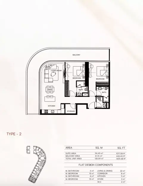 Binghatti Flare 02: Floor plan Type 2, 1,459 sq ft