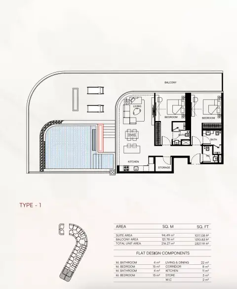 Binghatti Flare 02: Floor plan Type 1, 2,327 sq ft