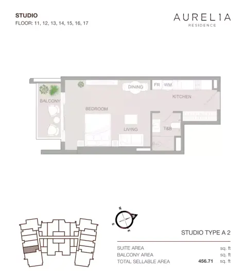 Aurel1A Residence: Floor plan Type A2, 456 sq ft